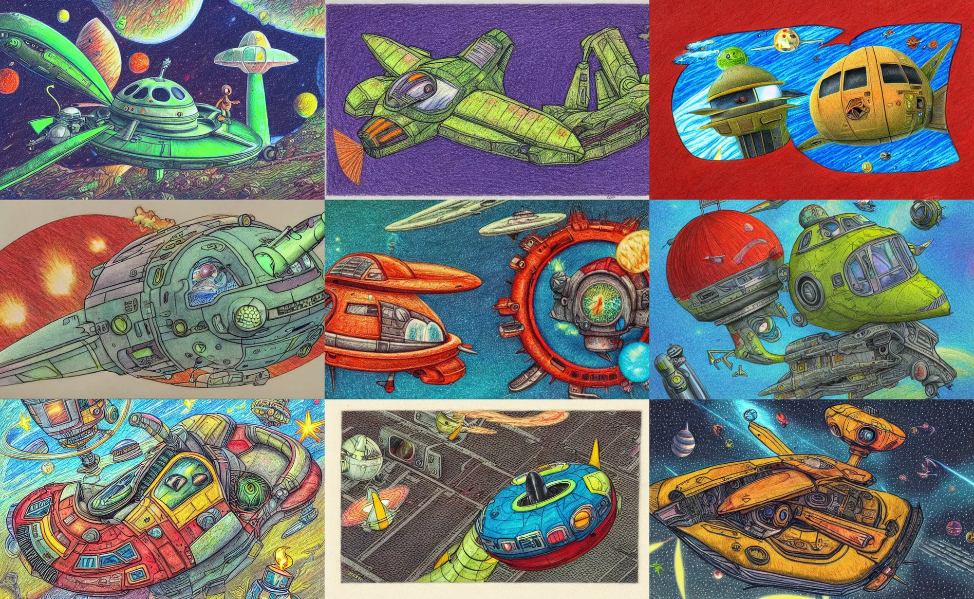 Prompt: intricately detailed color pencil drawing, cute realistic retro spaceship crash landed on an alien fantasy landscape