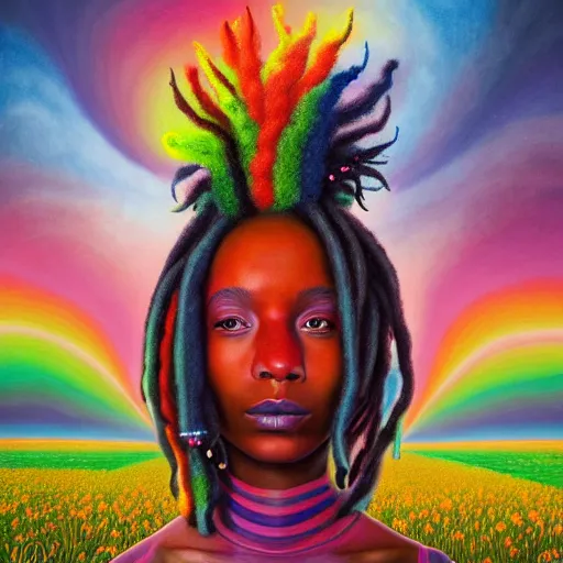 Image similar to a wide angle shot of a black girl with colorful dreadlocks in a field of candy, by Adi granov and afarin sajedi and amanda sage and evgeni gordiets and Agostino Arrivabene and adonna khare in a psychedelic portrait style, ultrarealistic matte painting, volumetric lighting, fractal, extremely symmetrical, highly detailed face, orisha, 8k, hd