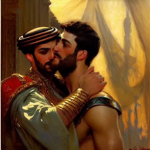 Image similar to attractive arab king confesses his love for his attractive male prince. highly detailed painting by gaston bussiere, craig mullins, j. c. leyendecker