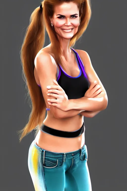 Image similar to mix of beautiful young maria shriver, mariel hemmingway, brooke shields, nicole kidman and elle macpherson as a zumba instructor, thin lips, hair tied up in a pony tail, dark blonde hair, colorful, artstation, cgsociety