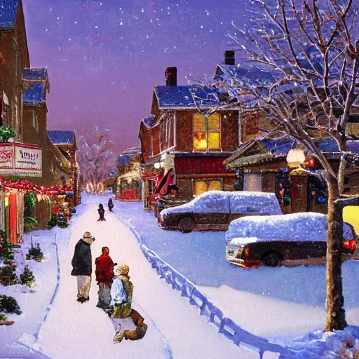 Image similar to painting of Snowy small town during Christmastime, quaint, twinkle lights, Norman Rockwell style, Greg Rutoski, oil on canvas, highly detailed