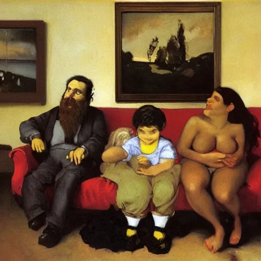 Image similar to oil on canvas painting by gustave courbet [ 1 8 6 6 ] of the simpsons as humans watching tv from their family room couch, 8 k, 4 k