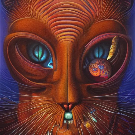 Image similar to a cat having an ego trip, by alex grey, by Esao Andrews and Karol Bak and Zdzislaw Beksinski and Zdzisław Beksiński, trending on ArtStation