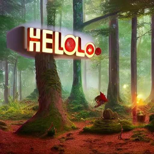 Image similar to a sign that says 'Hello World', fairy forest, by Beeple, RHADS, and Greg Rutkowski, trending on artstation, unreal engine, 4k, high quality render, digital art