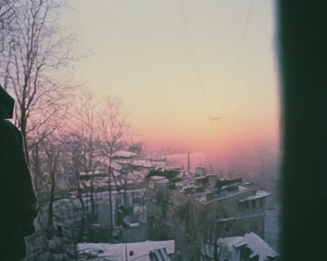 Image similar to award - winning lomographic tarkovsky film still of 4 0 years russian man with beard and sweater standing on small hrushevka 9 th floor balcony in taiga looking at sunset, cinestill, bokeh