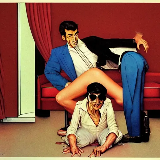 Image similar to Leisure suit Larry, 1993, by Norman Rockwell and Edward Hopper. film noir