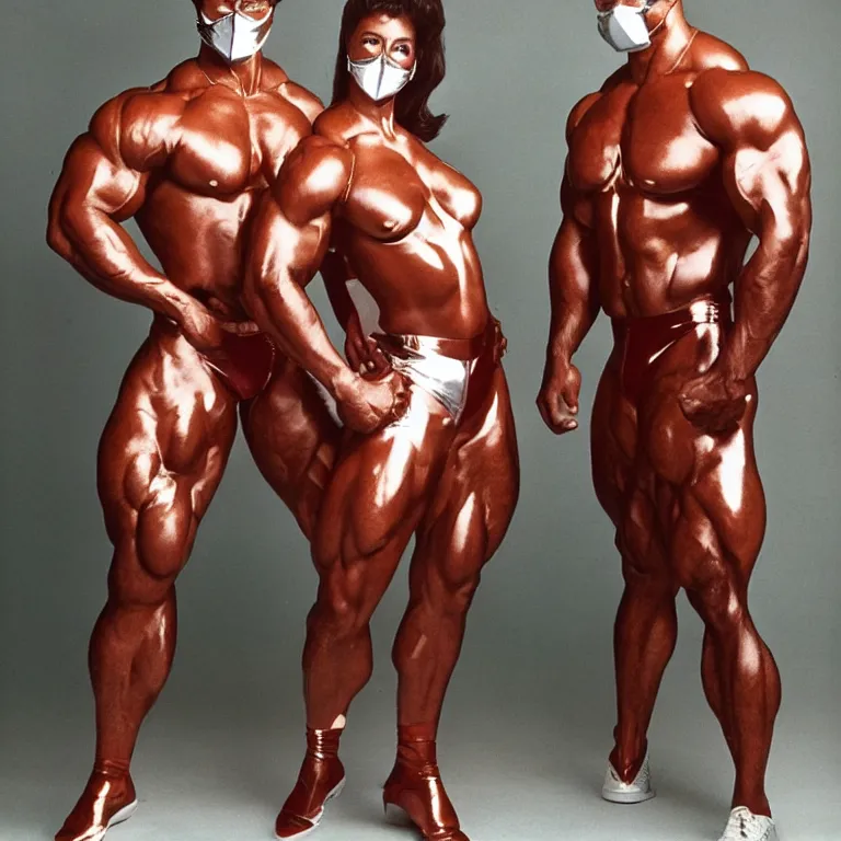 Prompt: 1990's sears portrait photos, an incredibly extremely muscular bodybuilder man and woman wearing shiny reflective full-body latex suits and masks