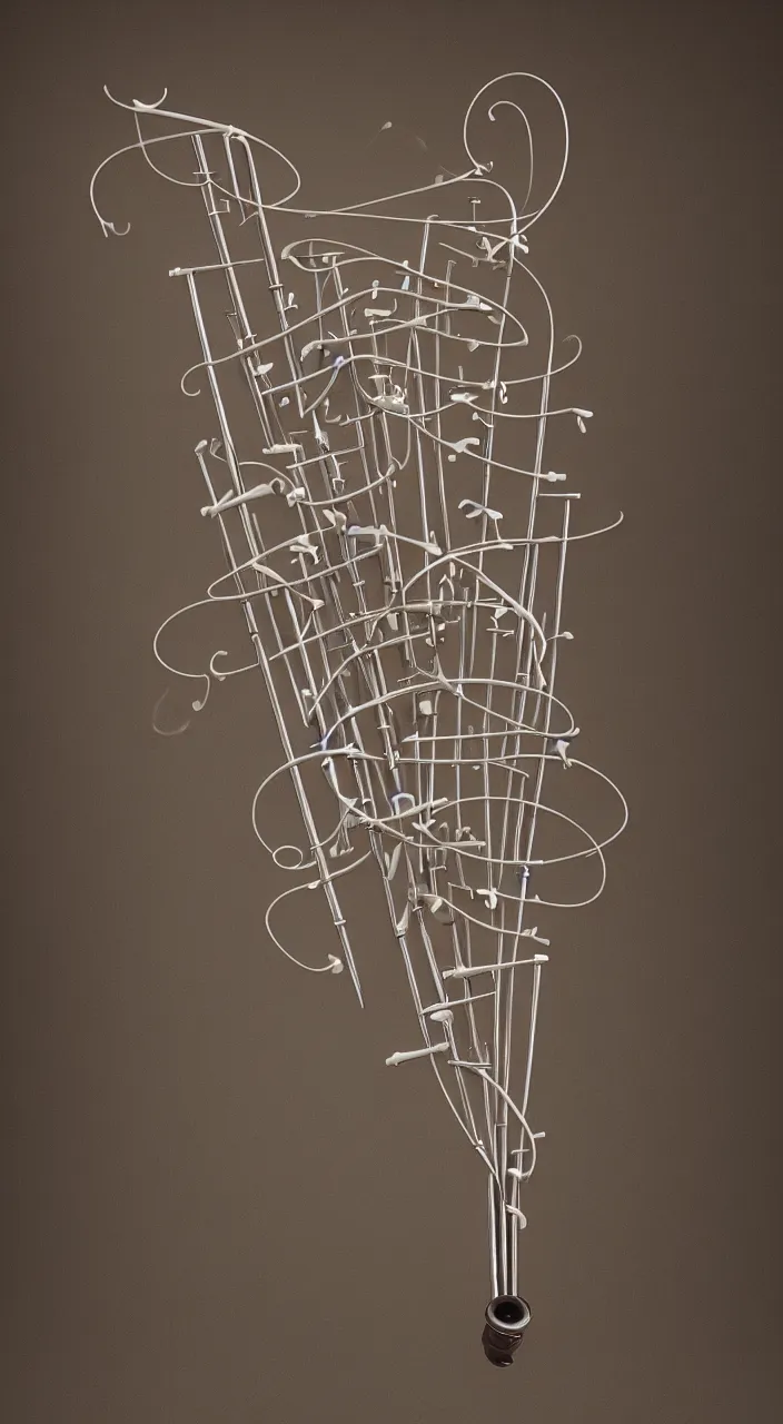 Prompt: a wind musical instrument with ceramic pipes in the shape of vocal tracts producing a fractal stream of air, oesophagus, 8 k, octane,