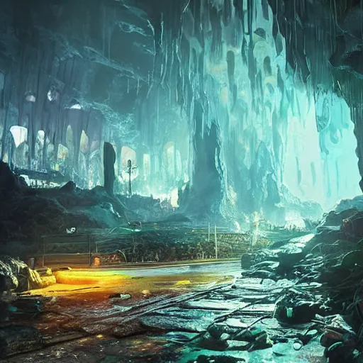 Prompt: “realistic image of city in a giant underground cave, bioluminescence, mushrooms, crystals, roots, Artstation HQ, photorealistic, hiperrealistic, 4k UHD, Unreal Engine 5, cinematic shot, cinematic lightning, dark tones, high contrast, masterpiece”