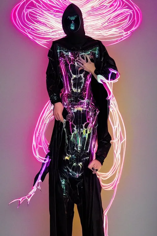 Image similar to full-body baroque and cyberpunk style neon statue of a attractive pale Zayn Malik as a humanoid diety wearing a thin see-through plastic hooded cloak sim roupa, posing like a superhero, glowing peach face, crown of pink lasers, large diamonds, swirling black silk fabric. futuristic elements. oozing glowing liquid, full-length view. space robots. human skulls. throne made of bones, intricate artwork by caravaggio. Trending on artstation, octane render, cinematic lighting from the right, hyper realism, octane render, 8k, depth of field, 3D