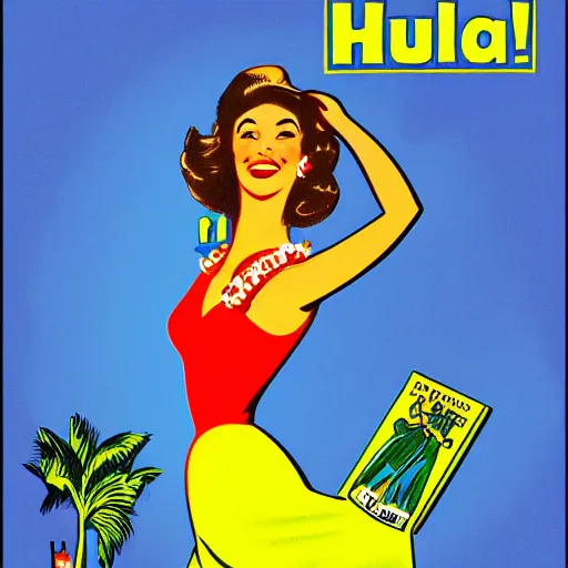 Image similar to hula girl. 1 9 5 0 s advertising illustration, flat color, halftone print.