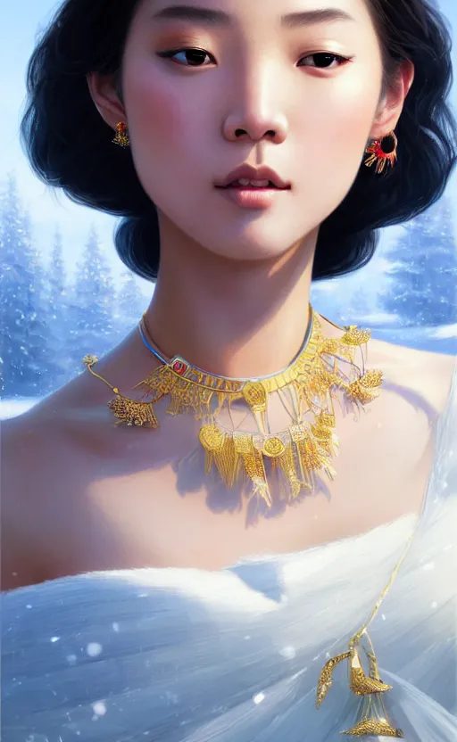 Image similar to a beautiful young charming asian goddess with sundress + jewelry + shinny eyes | | winter, symmetric, realistic shaded, unpleasant face, good looking, fine details, dior, lv, realistic shaded lighting poster by greg rutkowski, macoto takahashi, magali villeneuve, artgerm, jeremy lipkin and michael garmash