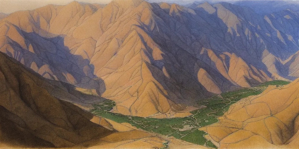 Image similar to art by john howe of the cinematic view of the yili apricot valley