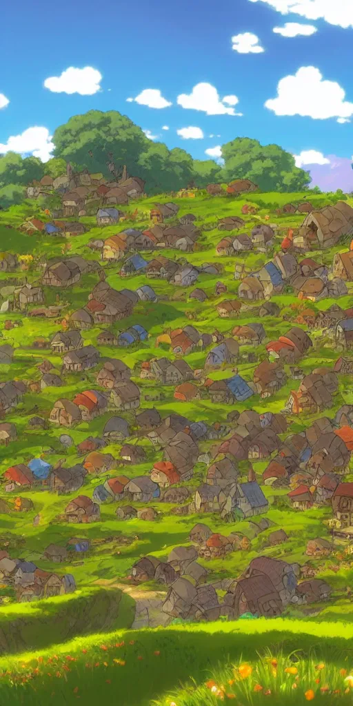 Image similar to anime screenshot wide-shot landscape hobbit village, Shire, beautiful ambiance, golden hour, studio ghibli style, by hayao miyazaki, sharp focus, highly detailed,