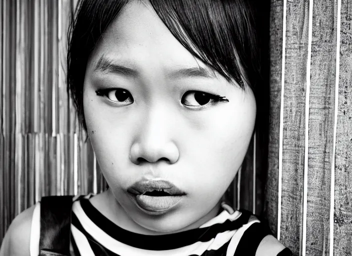 Prompt: closeup portrait of a young expressive malaysian tomboy woman, pouting, futuristic hairstyle, tank top with black and white stripes, long sleeves, portra 4 0 0 candid photograph portrait by annie leibovitz, 3 5 mm macro shot, f / 3 2, hyperrealistic, cinematic lighting, hd wallpaper, 8 k, 4 k