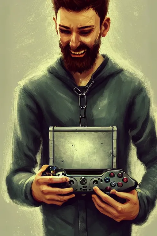 Prompt: very happy tired man holding gaming console in hands. he is chained to the console, intricate, elegant, highly detailed, digital painting, artstation, concept art, addiction, chains, smooth, sharp focus, illustration, art by ilja repin