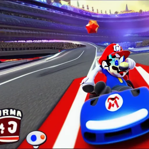 Prompt: super mario driving a bugatti chiron in mario kart 8, screenshot