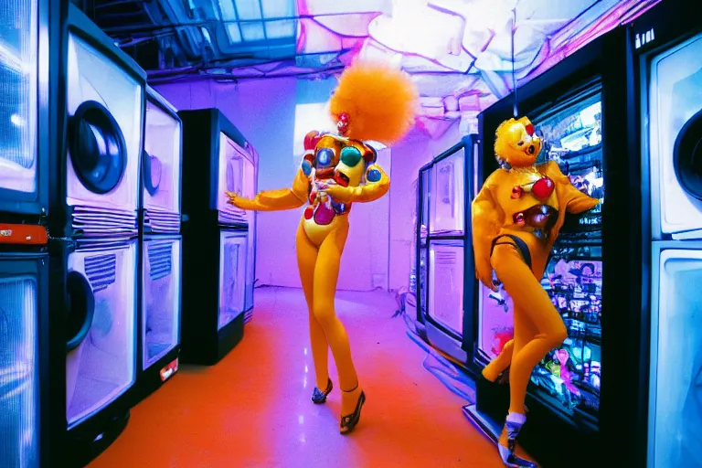 Image similar to robo - clowngirl emerging from a translucent fridge in cyberspace, fractal, in 1 8 8 5, y 2 k cutecore clowncore, bathed in the glow of a crt television, crt screens in background, low - light photograph, in style of tyler mitchell