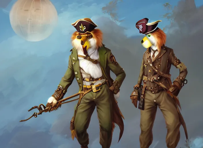 Prompt: character portrait feature of the anthro male anthropomorphic kakapo fursona wearing steampunk pirate airship captain outfit uniform professional pilot character design stylized by charlie bowater, ross tran, artgerm, and makoto shinkai, detailed, soft lighting, rendered in octane