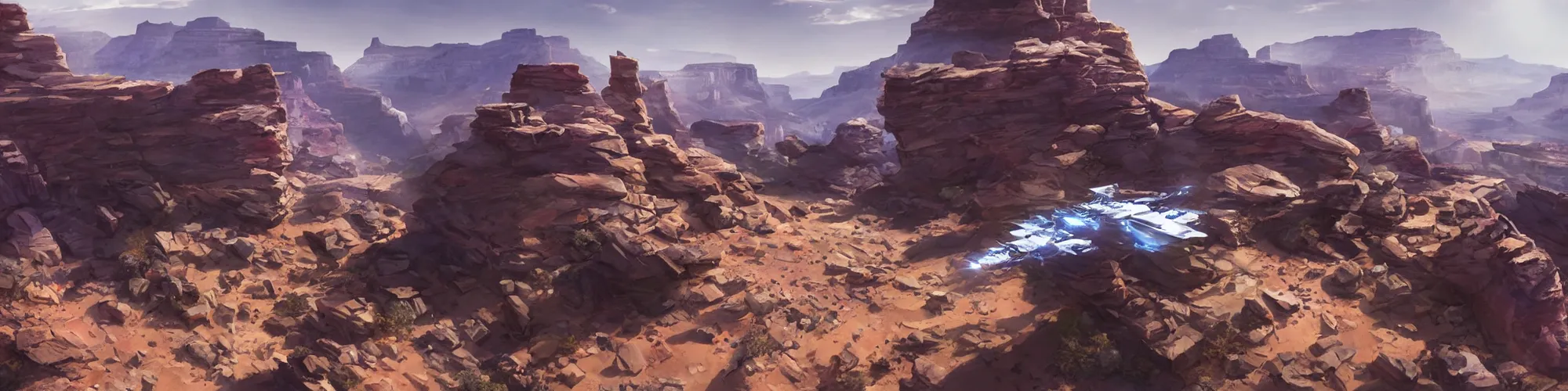 Image similar to spacecraft speed race road into the mountain rocks like grand canyon. Illustration by Blizzard and Ubisoft