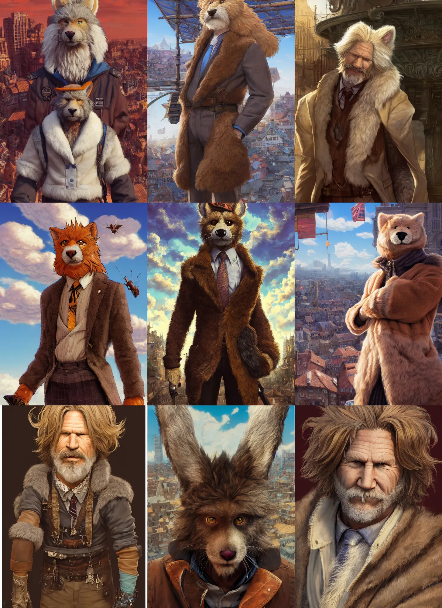 Prompt: furry fursona, full body character portrait of jeff bridges with gorgeous detailed eyes in the marketplace in the sky, color page, tankoban, 4 k, tone mapping, doll, akihiko yoshida, james jean andrei riabovitchev marc simonetti, yoshitaka amano, long hair, curly, h. hydrochaeris