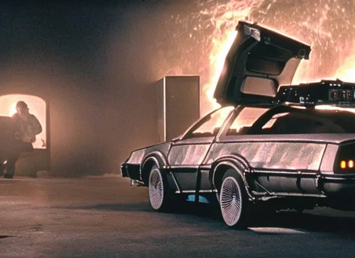 Image similar to screenshot from the iconic scene from the lost Back to the Future film directed by Martin Scorsese, cinematic lighting, unsettling set design with extreme detail, moody cinematography, with anamorphic lenses, crisp, detailed, 4k image, starring Marty Mcfly