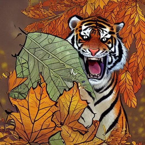 Image similar to a highly detailed cartoon tiger waving a leaf fan, autumn leaves on the ground, concise lines, ultradetailed environment, sharp focus, cinematic lighting, by alphonse maria mucha and kim jung gi