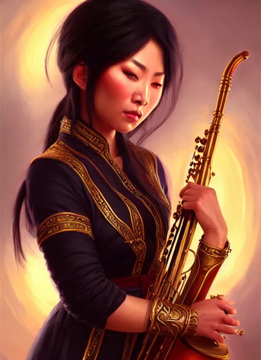 Image similar to a _ fantasy _ style _ portrait _ painting _ of asian female charismatic bard playing instrument, rpg dnd oil _ painting _ unreal _ 5 _ daz. _ rpg _ portrait _ extremely _ detailed _ artgerm _ greg _ rutkowski _ greg