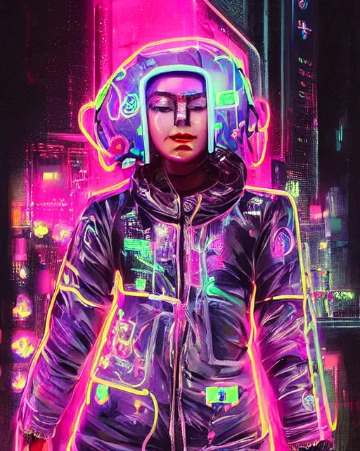 Image similar to detailed portrait Neon Operator Girl, cyberpunk futuristic neon, reflective catsuit, decorated with traditional Japanese ornaments by Ismail inceoglu dragan bibin hans thoma !dream detailed portrait Neon Operator Girl, cyberpunk futuristic neon, reflective puffy coat, decorated with traditional Japanese ornaments by Ismail inceoglu dragan bibin hans thoma greg rutkowski Alexandros Pyromallis Nekro Rene Maritte Illustrated, Perfect face, fine details, realistic shaded, fine-face, pretty face