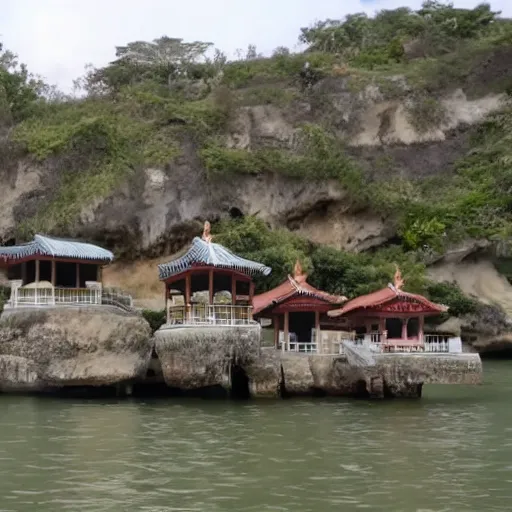 Prompt: security cam footage of pillars by a cove with odd houses and temples on top of them