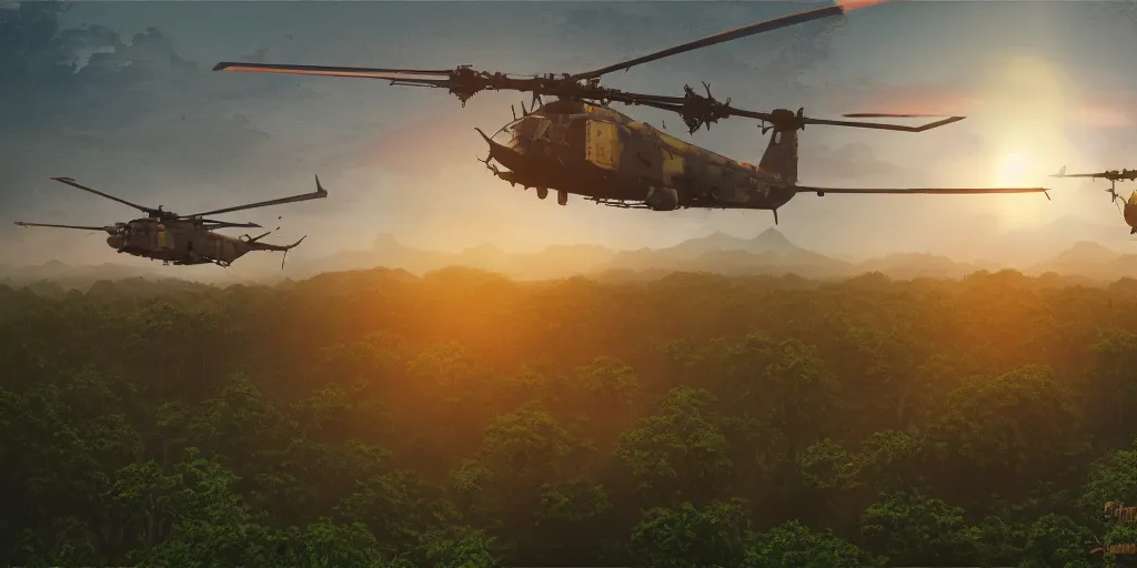 Image similar to Painting of vietnam Huey Helicopters, above a forest, orange sun set, abstract, realism, 8k, high details, octane render, glow, war, 3d render,