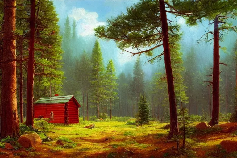 Image similar to small red wooden cabin in the distance in pine forest, very detailed, focused, oil painting, colorful, cinematic lighting, canvas, artstation, Albert Bierstadt, Sydney Mortimer Laurence