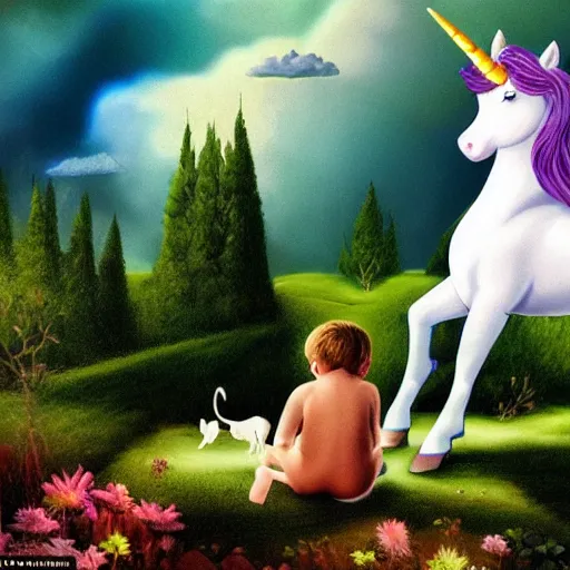 Image similar to dream : a fabulous landscape, a magical unicorn. a boy is sitting astride him. a cat is lying