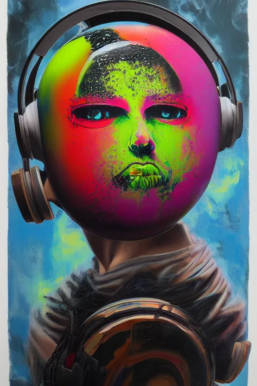 Image similar to hyperrealism surrealism acrylic painting, aerosol splashes on paper, close - up portrait of bowling ball - with big headphones and a mime sweater art by jeff soto