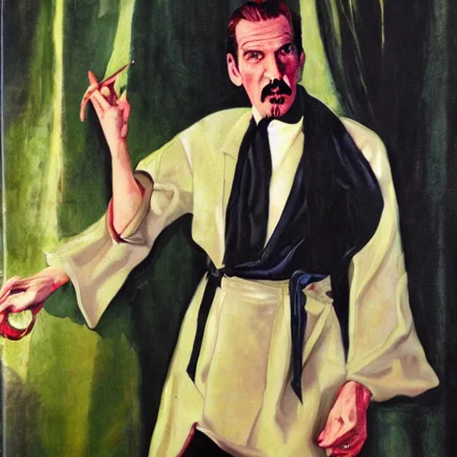 Image similar to vincent price as billionaire howard hughes in exotic fantasy satin robes and high collar, vivid, renaissance, illustration, dynamic and dramatic, highly detailed, rough paper, dark, oil painting