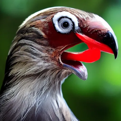 Image similar to a photo of real bird with real human teeth, newly discovered, rainforest, highly detailed, trending