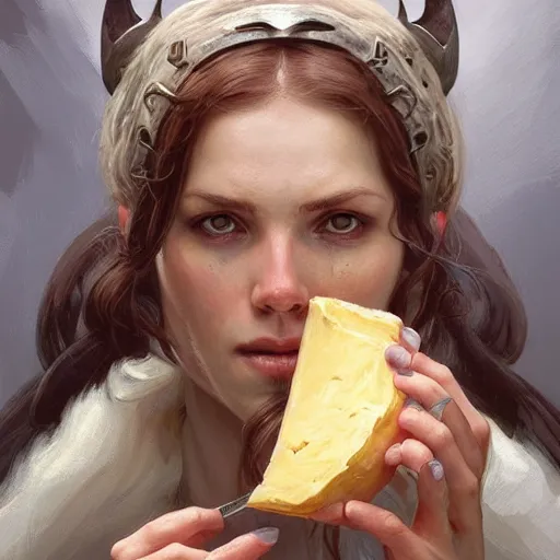 Prompt: a portrait of Viking devouring cheese, highly detailed, digital painting, artstation, concept art, sharp focus, illustration, art by artgerm and greg rutkowski and alphonse mucha