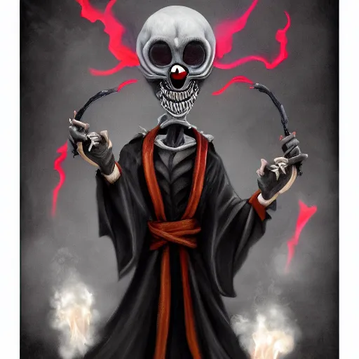 Prompt: photo of an anthropomorphic rat, ghostly anthropomorphic rat with skull face and glowing red eyes wearing black tattered robes and holding two blue flames, grim reaper except a rat, photorealistic, artstation