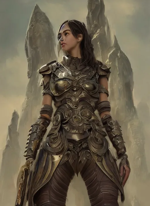 Image similar to a professional portrait of a beautiful young female, clothed in ethereal battle armor, olive skin, long dark hair, beautiful bone structure, symmetrical facial features, intricate, elegant, digital painting, concept art, smooth, sharp focus, finely detailed, illustration, from Valerian and the City of a Thousand Planets, in the style of Ruan Jia and Mandy Jurgens and Artgerm and Greg Rutkowski and William-Adolphe Bouguerea