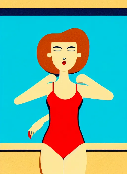 Image similar to portrait of a girl, in retro swimsuit, lying by the pool, minimalist illustration, flat colors, contrasting shadows art by anri matiss