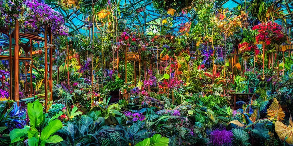 Prompt: magician's tropical greenhouse garden with colored glass cover, outside of time and space, birds, flowers, fairy tale, night lighting, gorgeous lighting, dramatic cinematic lighting, intricate, highly detailed, low angle view, mysterious, comfort, in the style of william schneider, 8 k