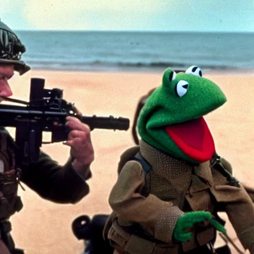 Prompt: a frame from the hollywood blockbuster film the muppets invade normandy action scene omaha beach close up color frame