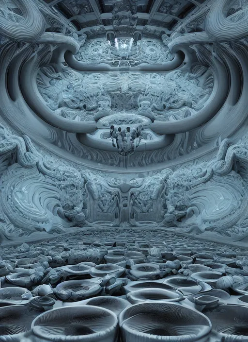 Image similar to highly detailed surreal vfx portrait of a 3 d landscape of stacks of recursive speakers, polyphonic ecstacy, ornate, hyperrealistic, octane render, chiaroscuro, inspired by james jean, mandelbulb 3 d, android jones, beeple, rhads, alphonse mucha, frostbite 3 engine