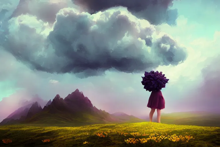 Image similar to closeup giant dahlia flower as head, girl standing on mountain, surreal photography, blue storm clouds, dramatic light, impressionist painting, digital painting, artstation, simon stalenhag