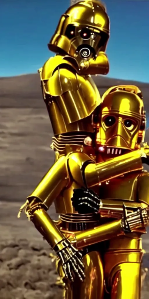 Prompt: quentin tarantino hugging c - 3 po. active volcanoes as background. cinematic trailer format.