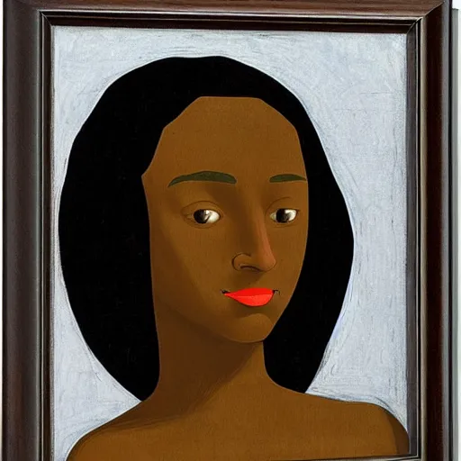 Image similar to an Afro American girl as Mona Lisa by Jacob Lawrence