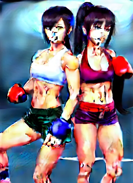 Image similar to two beautiful female fighters standing off in gym, dim lighting, gorgeous features, high resolution, smooth anime art