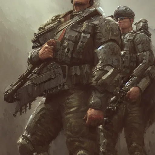 Prompt: Henry Cavill and Arnold Schwarzenegger as soldiers, character art by Donato Giancola, Craig Mullins, digital art, trending on artstation