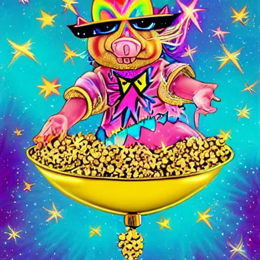 Image similar to lisa frank superhero pose pig wearing a gold crown throwing pop corn painting by android jones