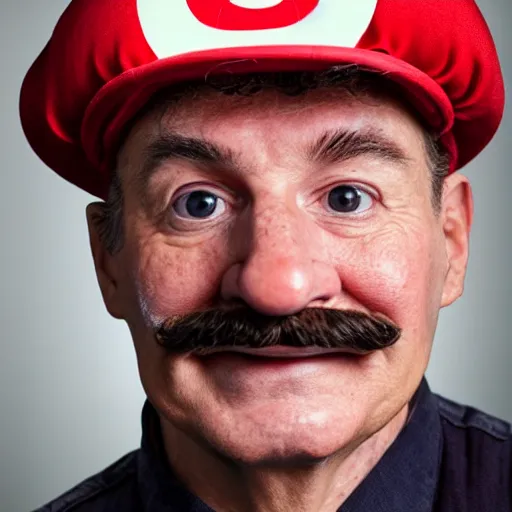 Image similar to a closeup portrait photo of a real Mario.